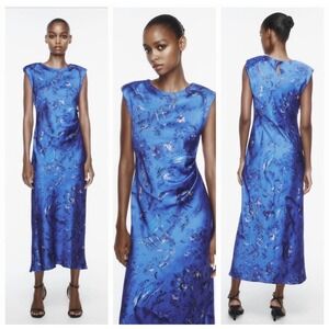 ZARA Women's Dress Large Blue Satin Ruched Midi Length Shoulder‎ Pads Sleeveless